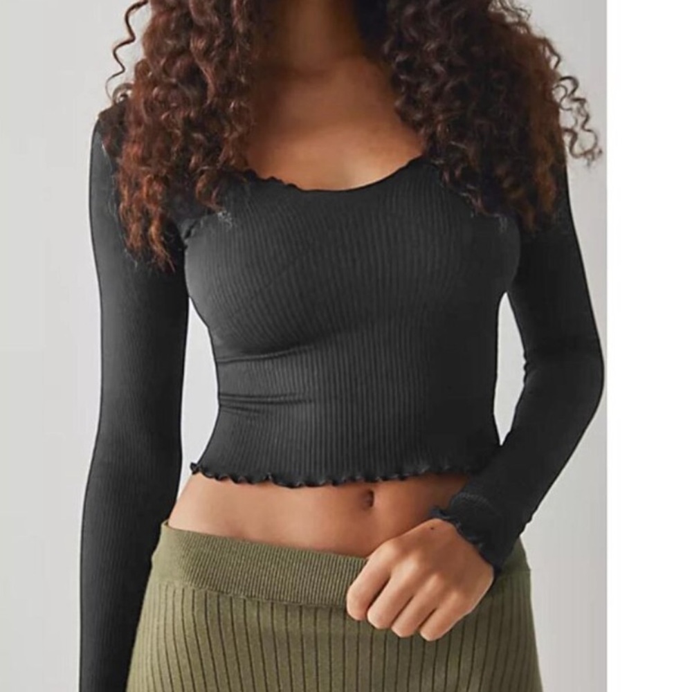 Free People Black Ribbed Long Sleeve Top